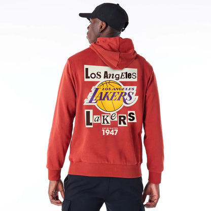 The Male model is wearing LA Lakers Newspaper Graphic Red Pullover Hoodie 5