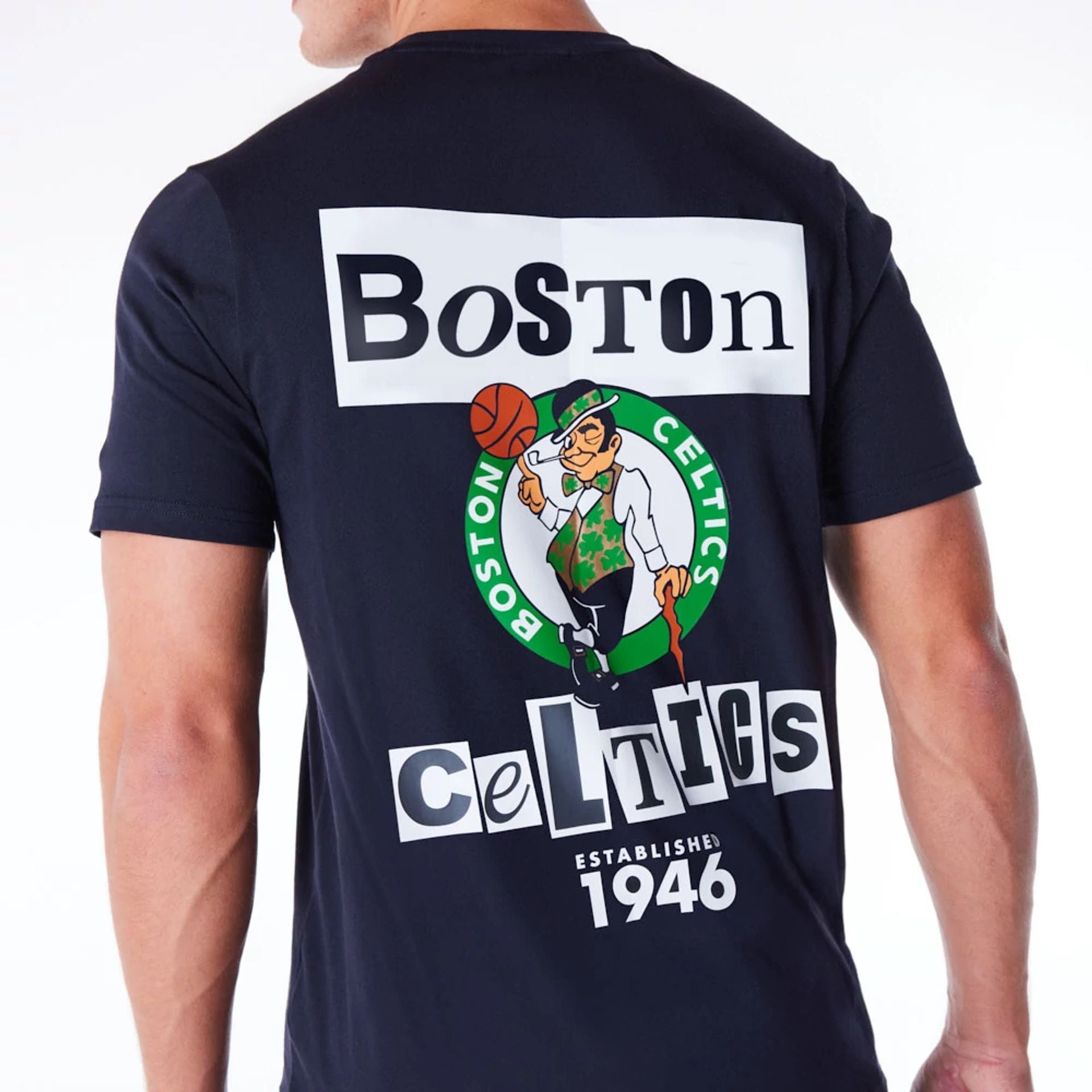 The Male model is wearing Boston Celtics Newspaper Graphic Navy T-Shirt 2