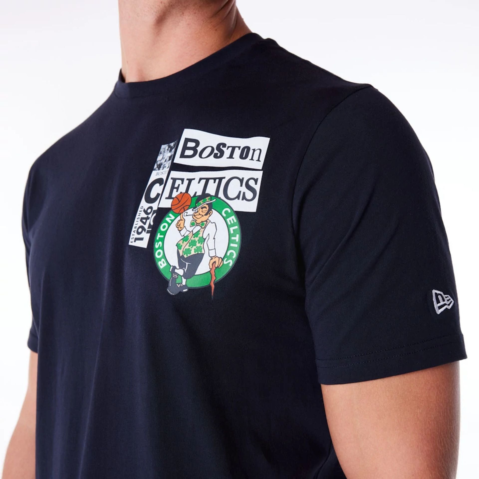 The Male model is wearing Boston Celtics Newspaper Graphic Navy T-Shirt 3