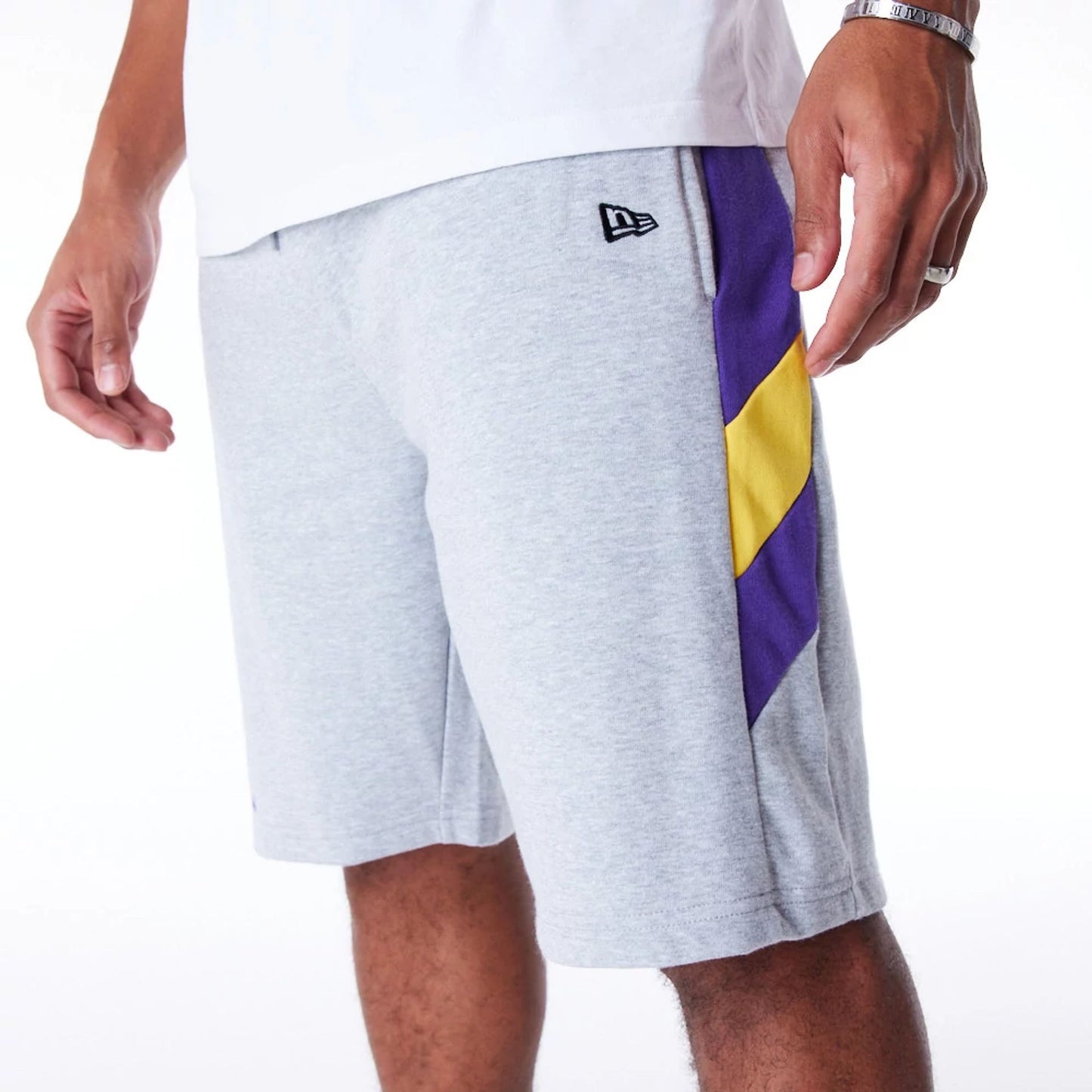 The Male model is wearing LA Lakers NBA Panel Grey Oversized Shorts 5