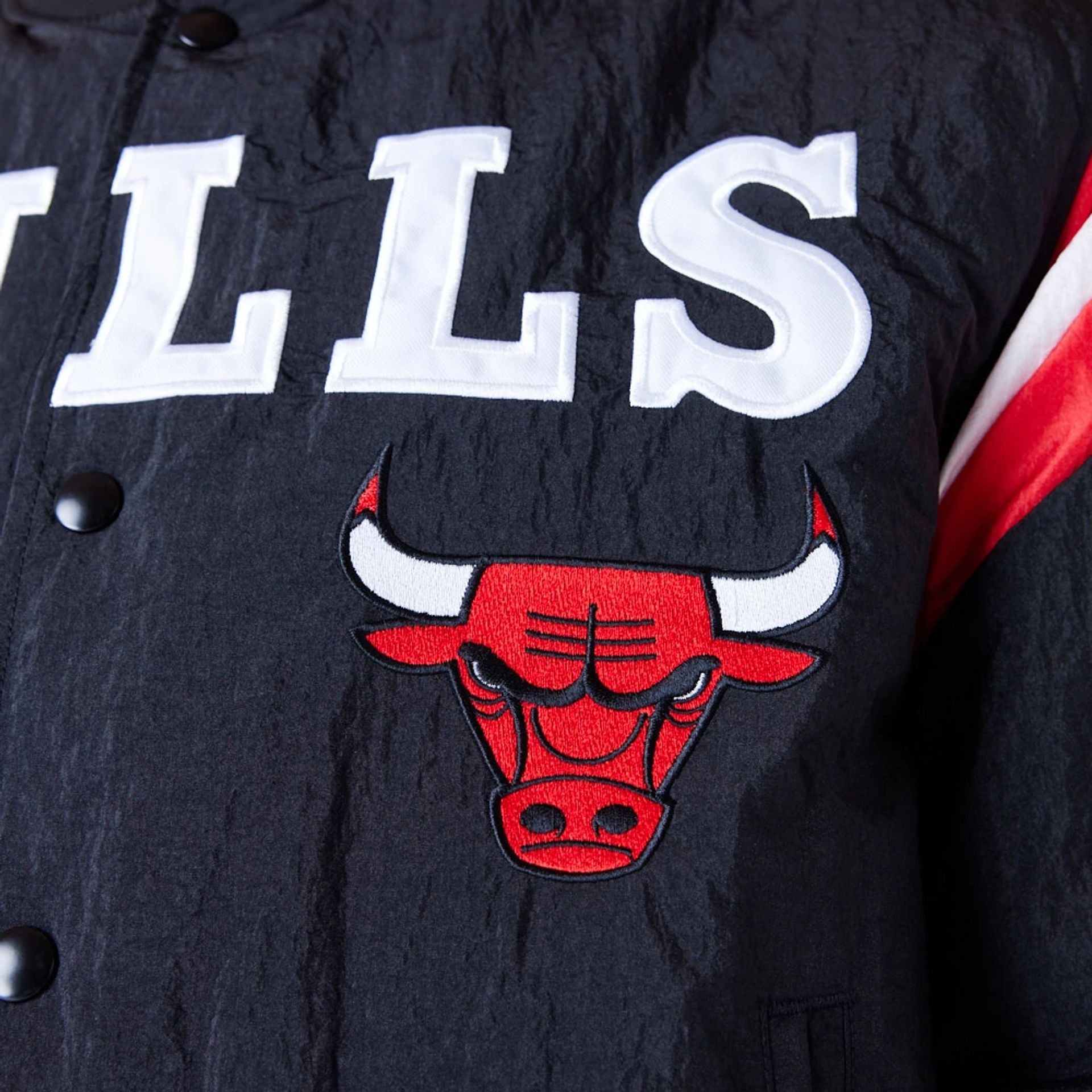 The Male model is wearing Chicago Bulls NBA Panel Black Bomber Jacket 6