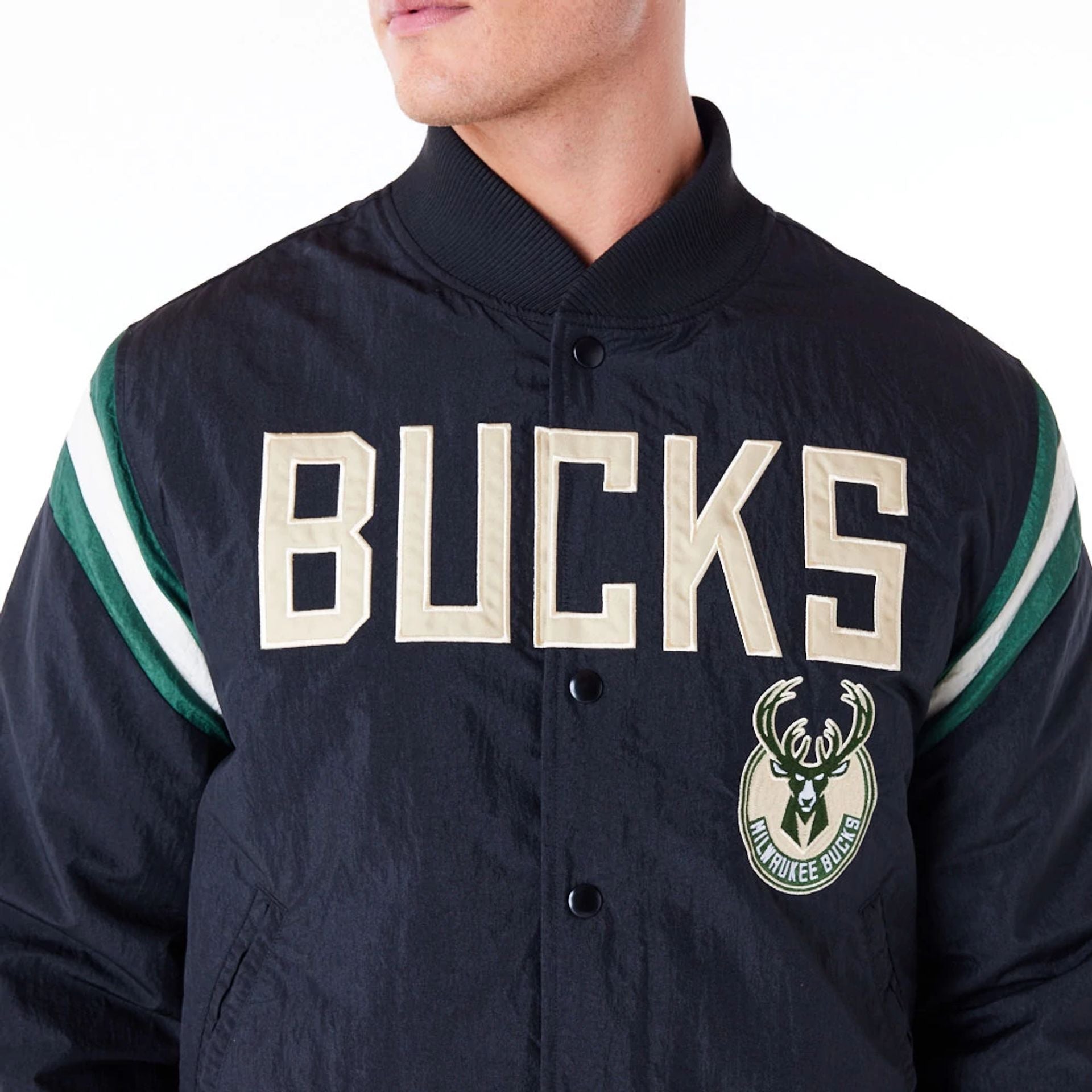 The Male model is wearing Milwaukee Bucks NBA Panel Black Bomber Jacket 7