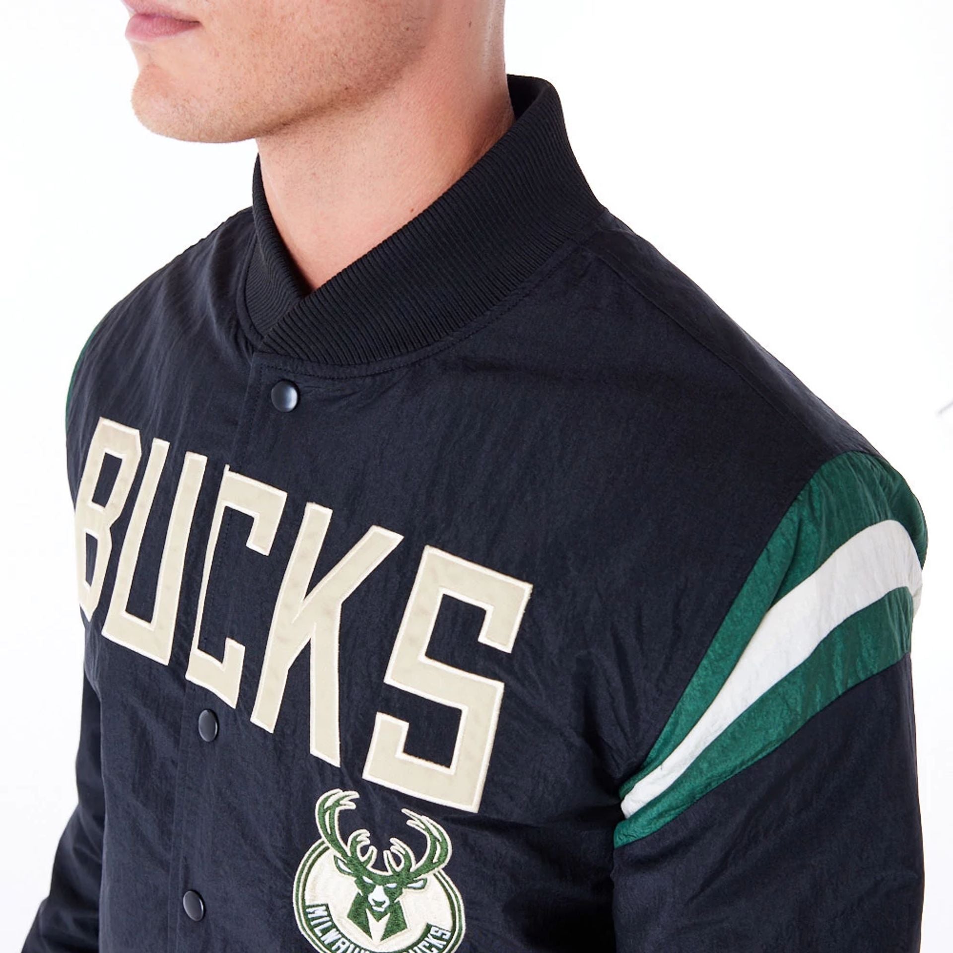 The Male model is wearing Milwaukee Bucks NBA Panel Black Bomber Jacket 6