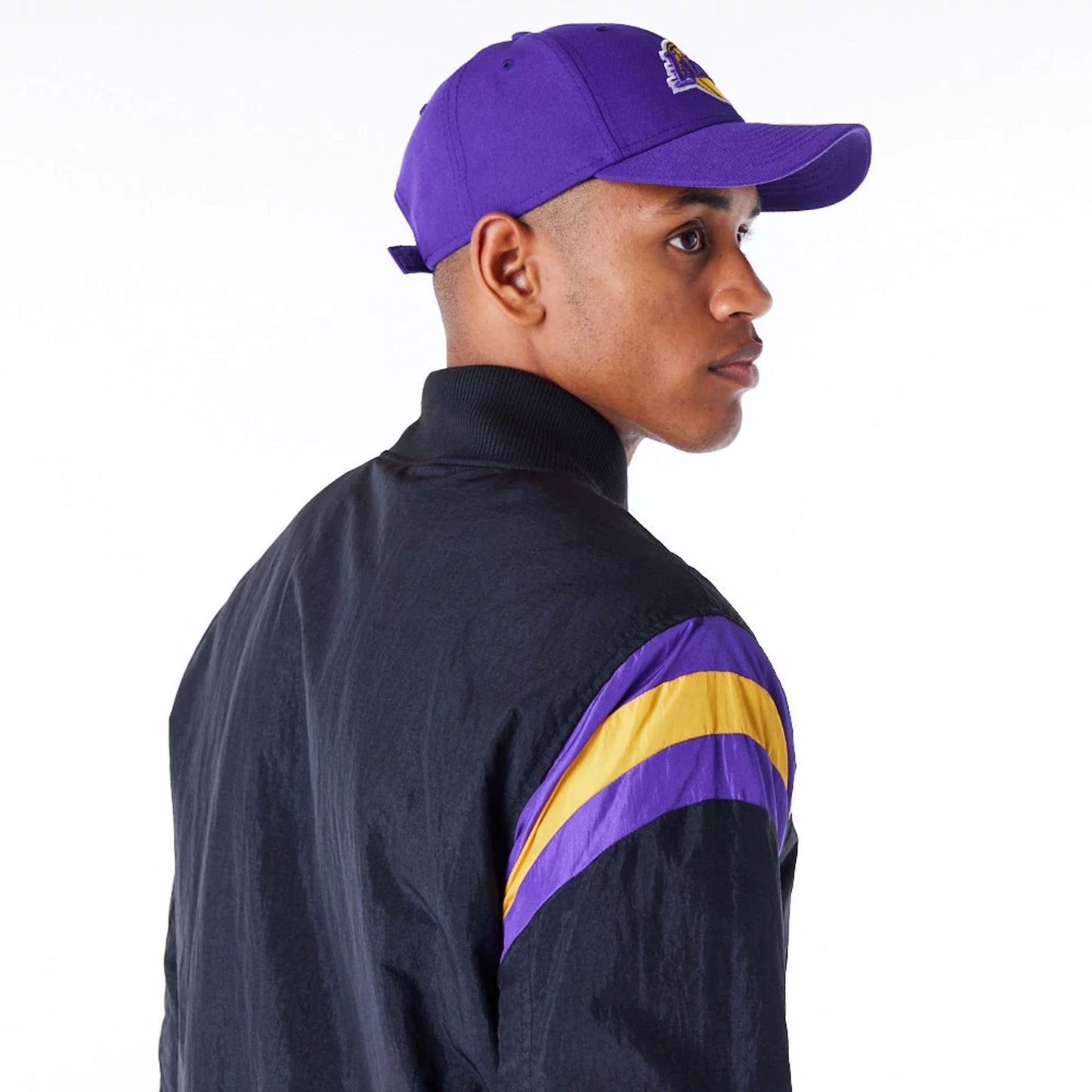 The Male model is wearing LA Lakers NBA Panel Black Bomber Jacket 7