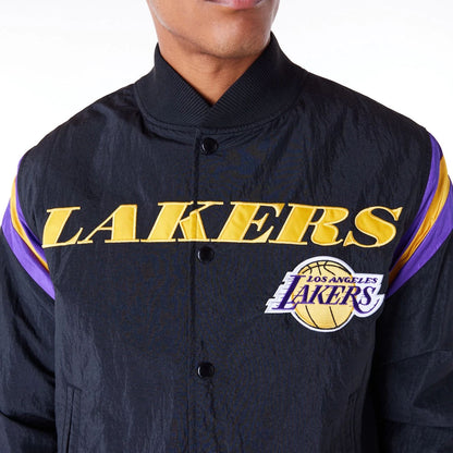 The Male model is wearing LA Lakers NBA Panel Black Bomber Jacket 2