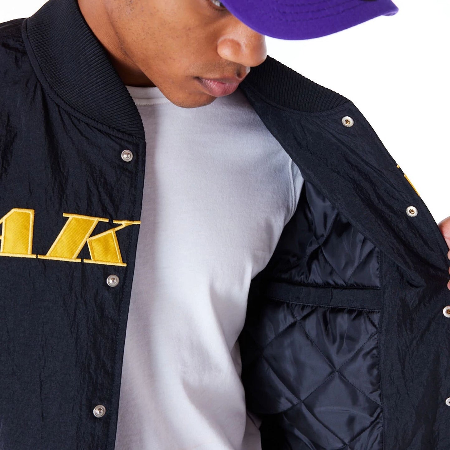 The Male model is wearing LA Lakers NBA Panel Black Bomber Jacket 3