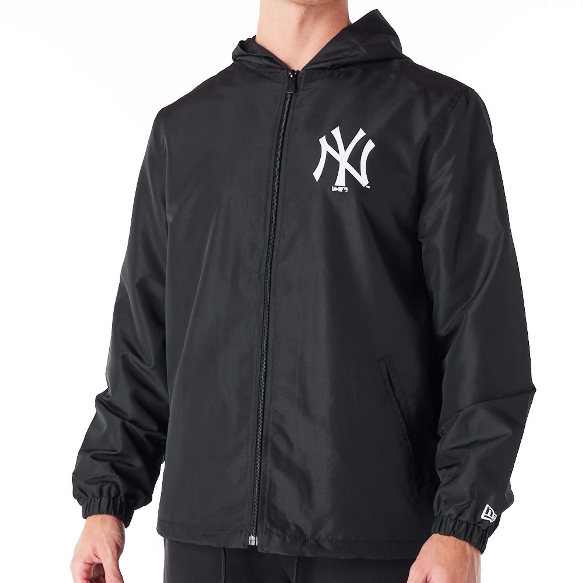 The Male model is wearing New York Yankees MLB Black Coach Jacket 1