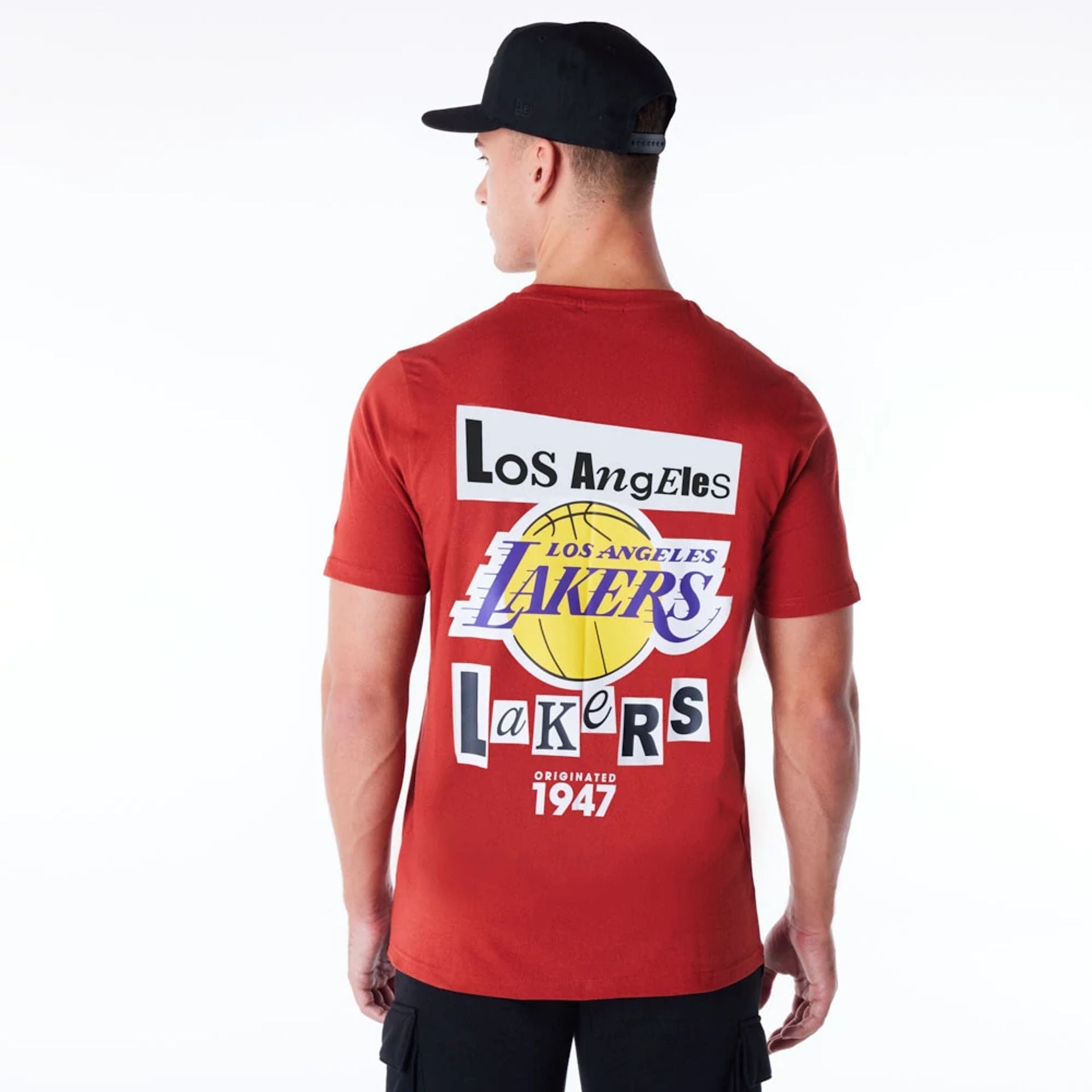 The Male model is wearing LA Lakers Newspaper Graphic Red T-Shirt 5