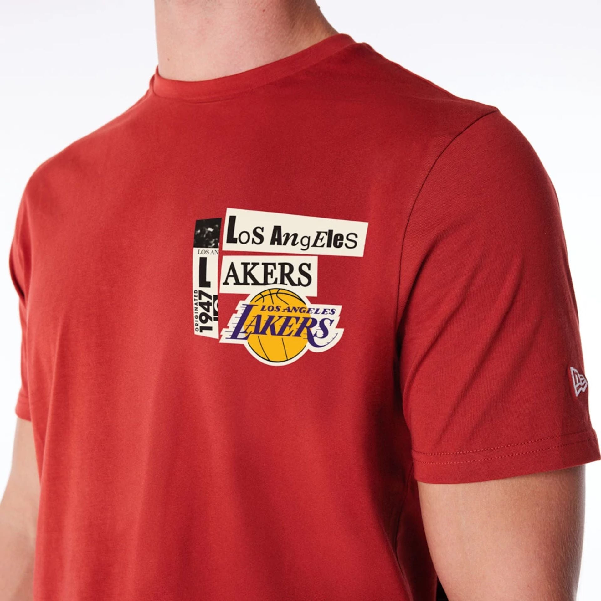 The Male model is wearing LA Lakers Newspaper Graphic Red T-Shirt 4