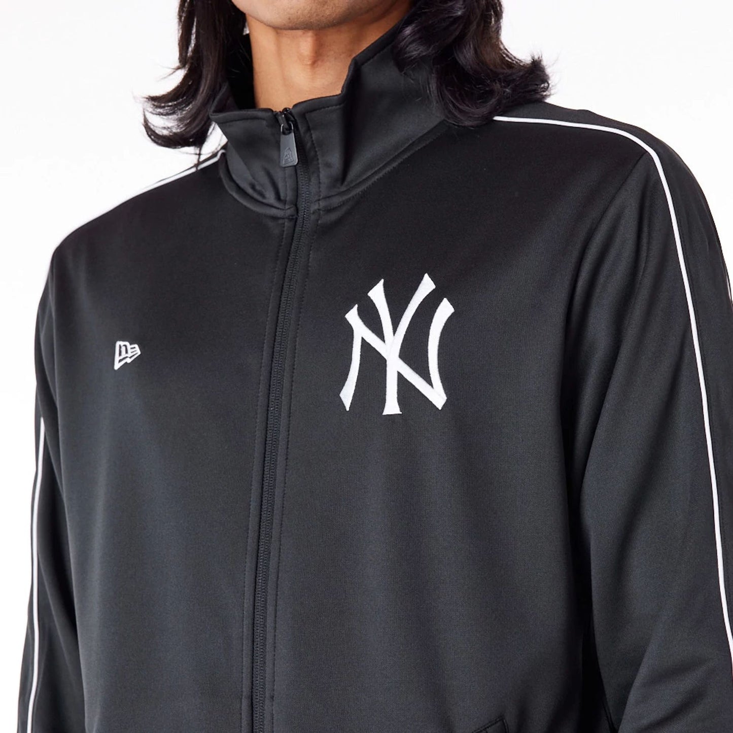 The Male model is wearing New York Yankees MLB Track Top Black Track Jacket 8