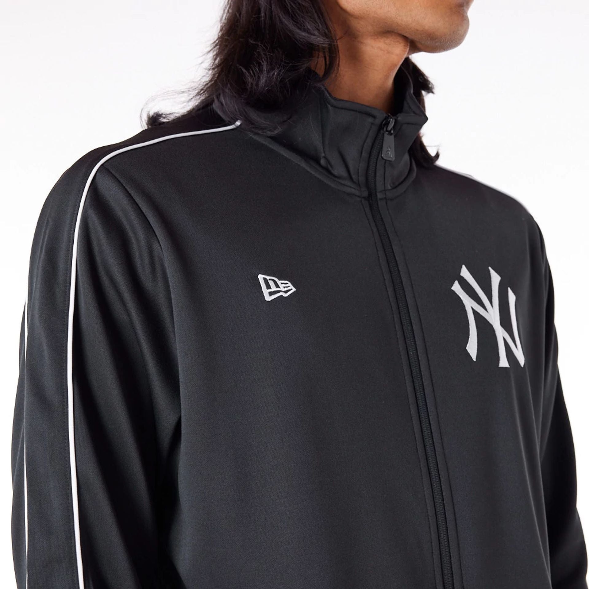 The Male model is wearing New York Yankees MLB Track Top Black Track Jacket 9