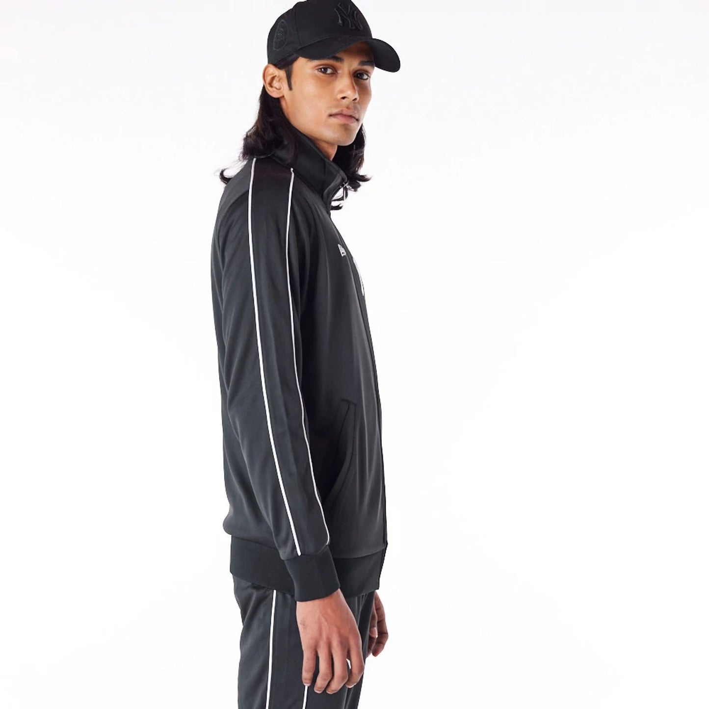 The Male model is wearing New York Yankees MLB Track Top Black Track Jacket 6