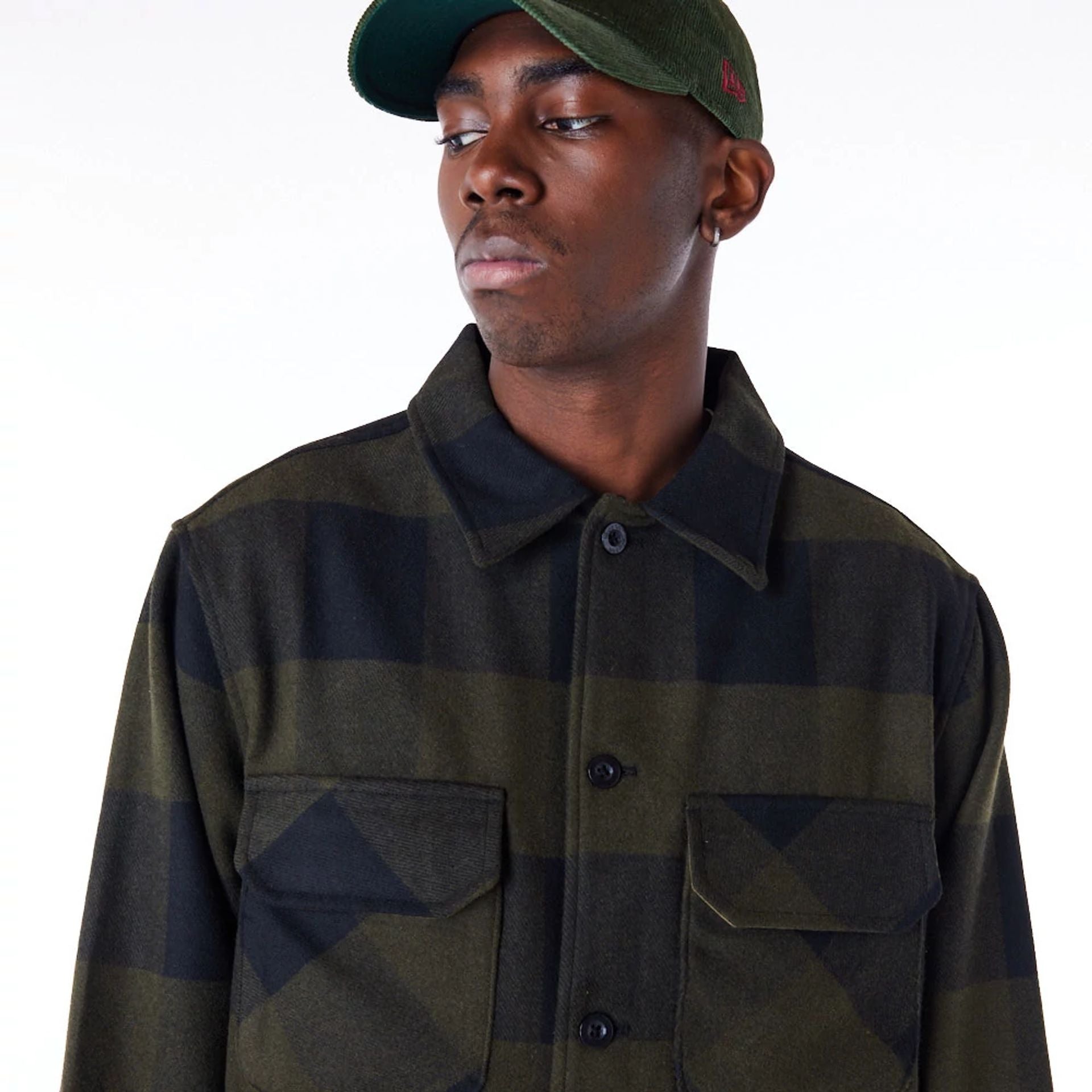 The Male model is wearing New Era Dark Green Shacket 7