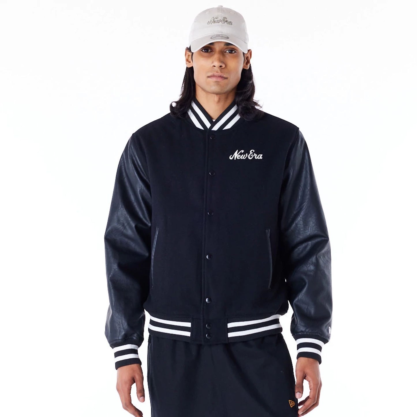 The Male model is wearing New Era Black Varsity Jacket 8