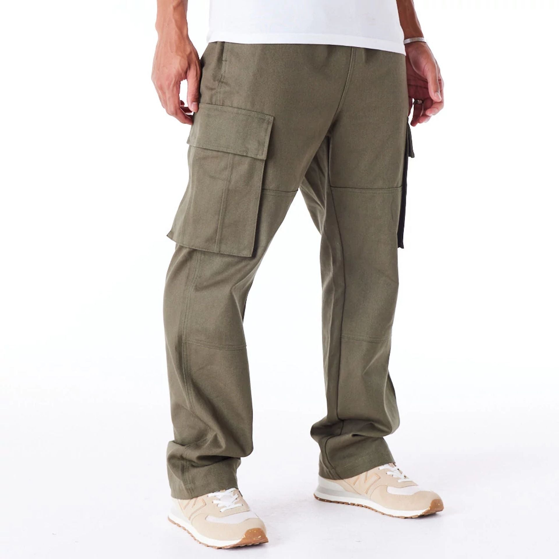 The Male model is wearing New Era Green Cargo Trousers 10