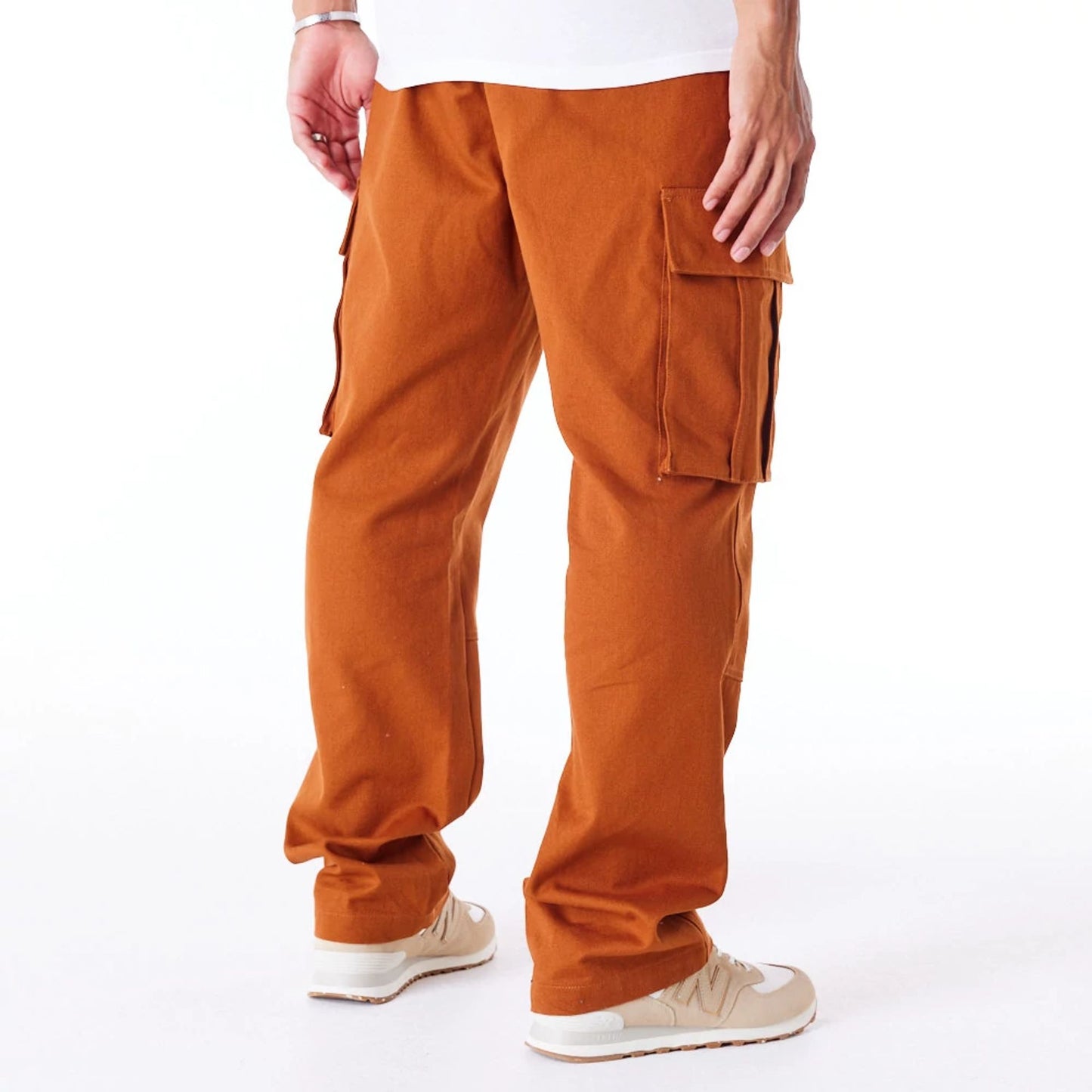 The Male model is wearing New Era Brown Cargo Trousers  3