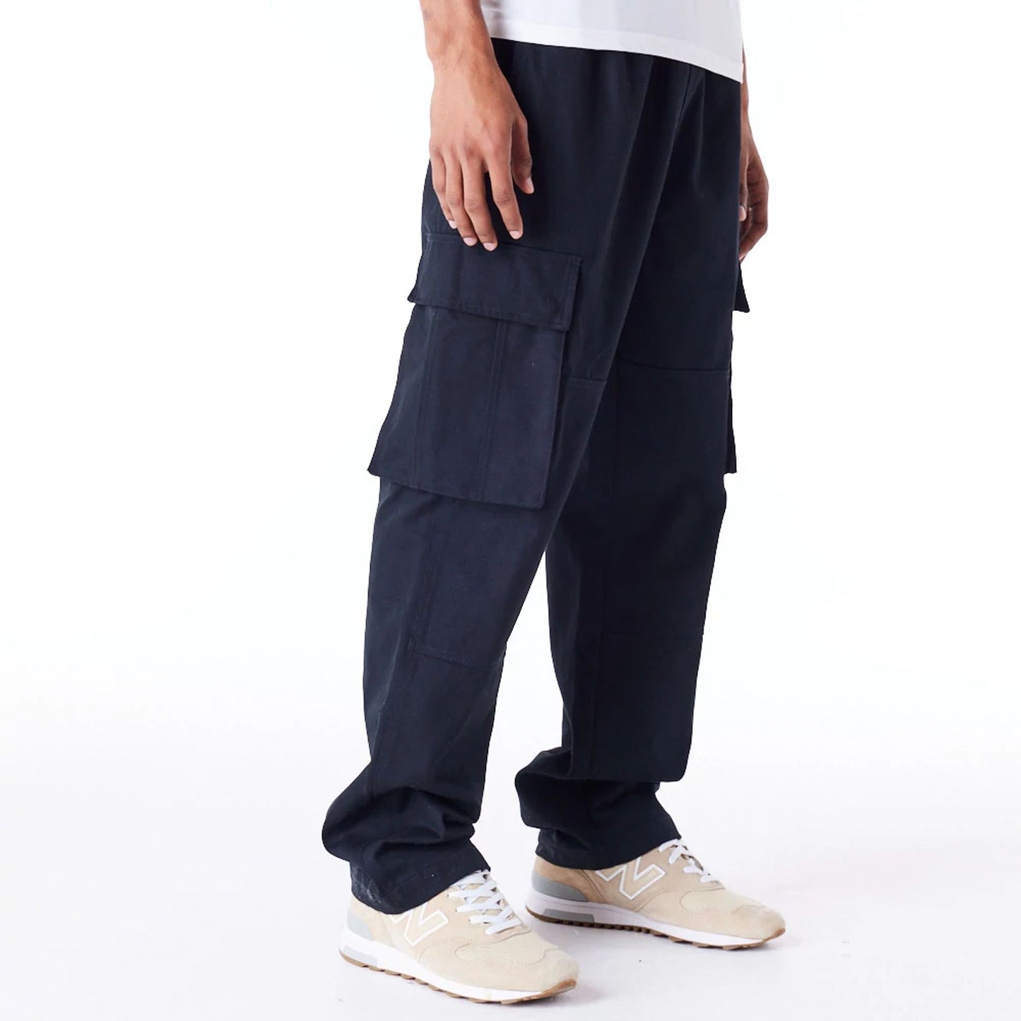 The Male model is wearing New Era Black Cargo Trousers  6