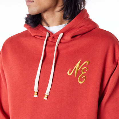 The Male model is wearing New Era Script Logo Red Oversized Pullover Hoodie 9