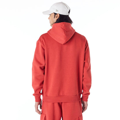 The Male model is wearing New Era Script Logo Red Oversized Pullover Hoodie 5