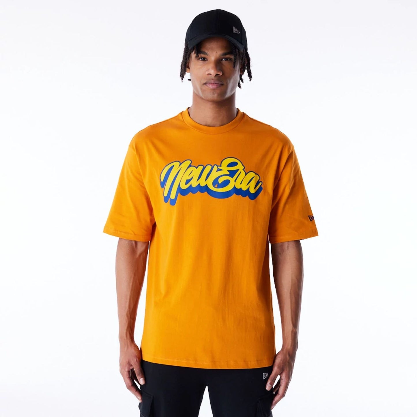 The Male model is wearing New Era Font Graphic Orange Oversized T-Shirt 1