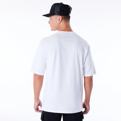 The Male model is wearing New Era Font Graphic White Oversized T-Shirt 2