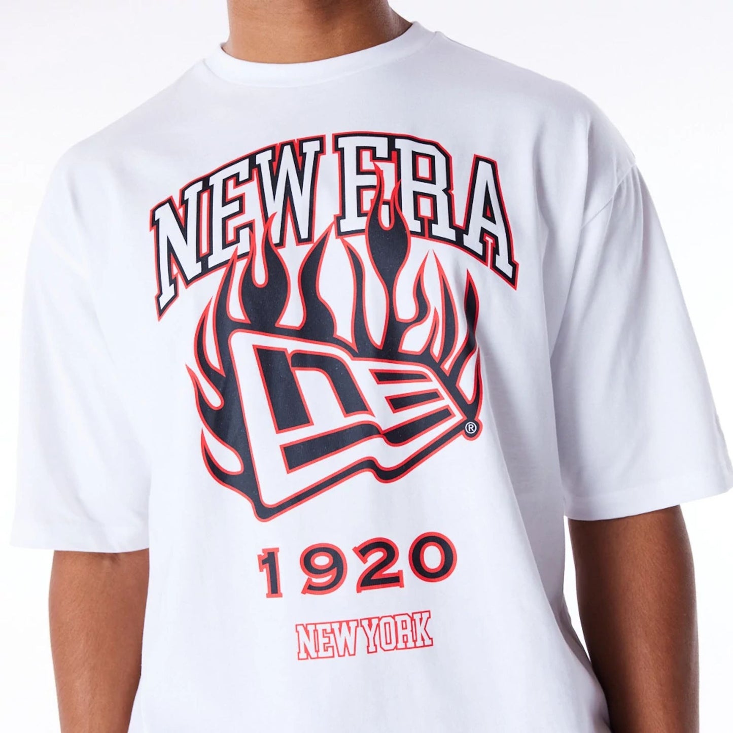 The Male model is wearing New Era Flag Flame White Oversized T-Shirt 5