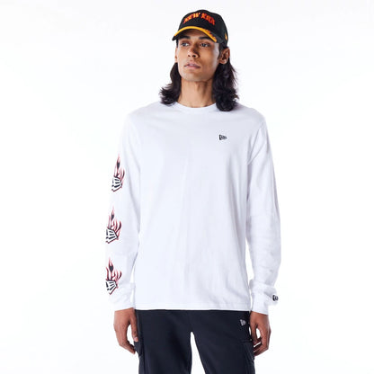 The Male model is wearing New Era Flag Flame White Long Sleeve T-Shirt 1