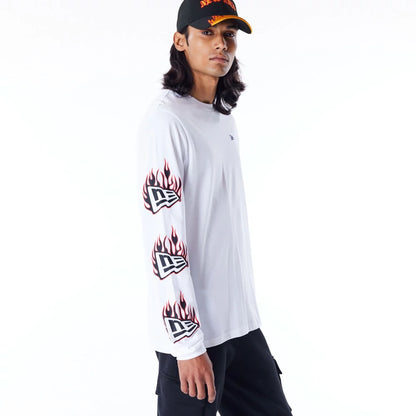 The Male model is wearing New Era Flag Flame White Long Sleeve T-Shirt 9