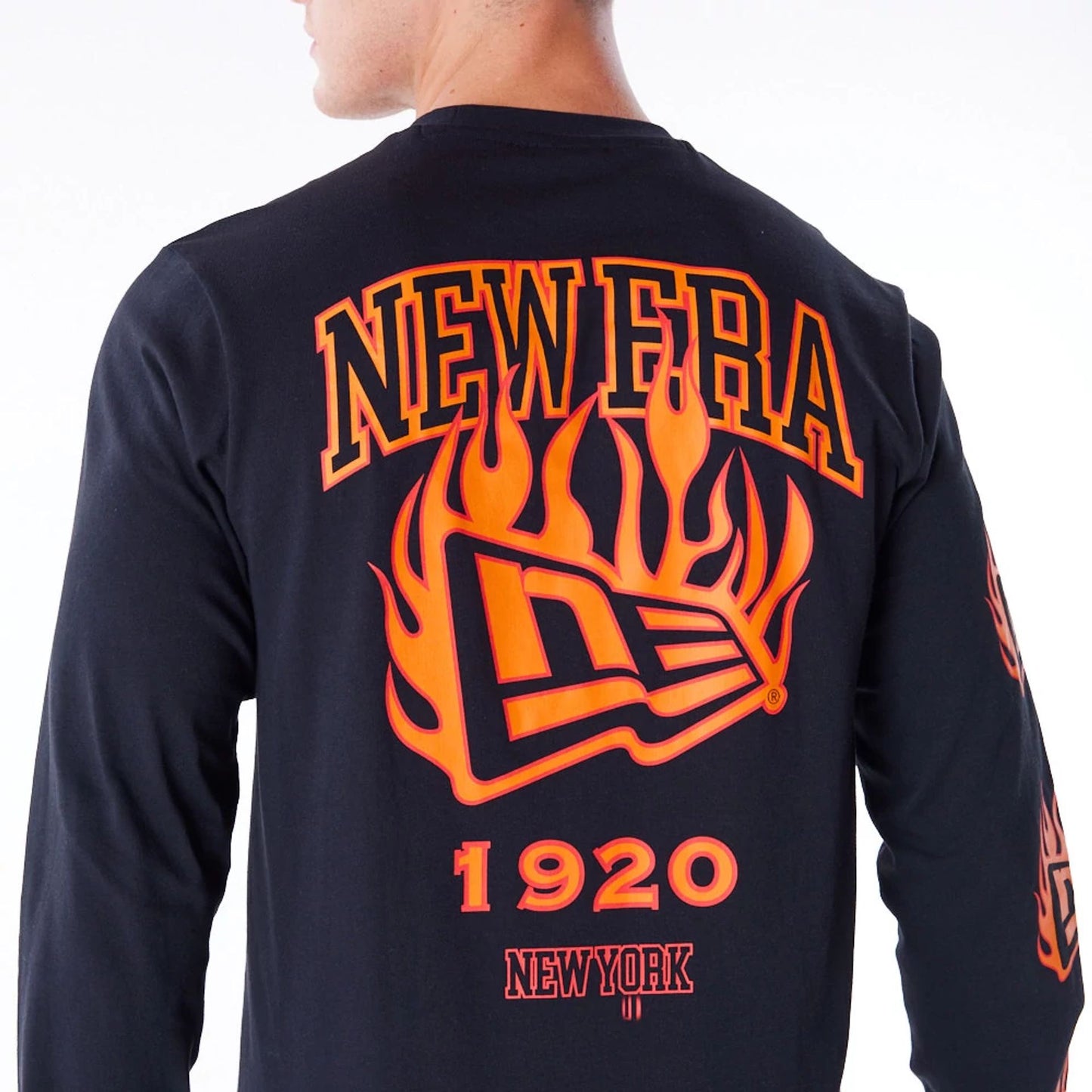 The Male model is wearing New Era Flag Flame Black Long Sleeve T-Shirt 5