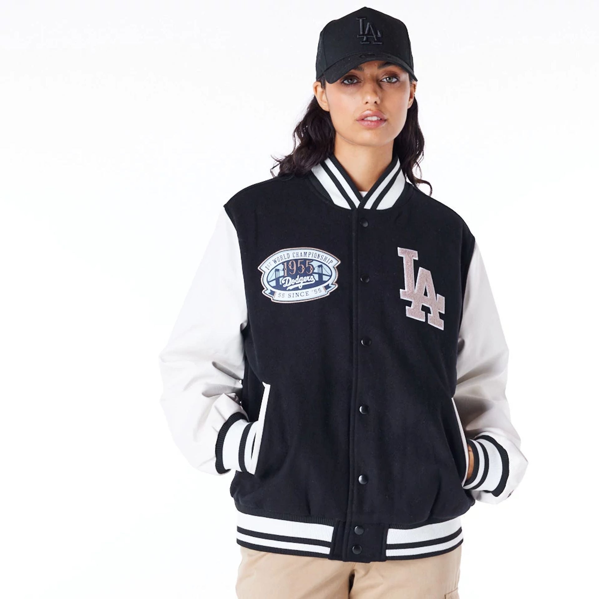 The Male model is wearing LA Dodgers MLB Patch Black Varsity Jacket 8