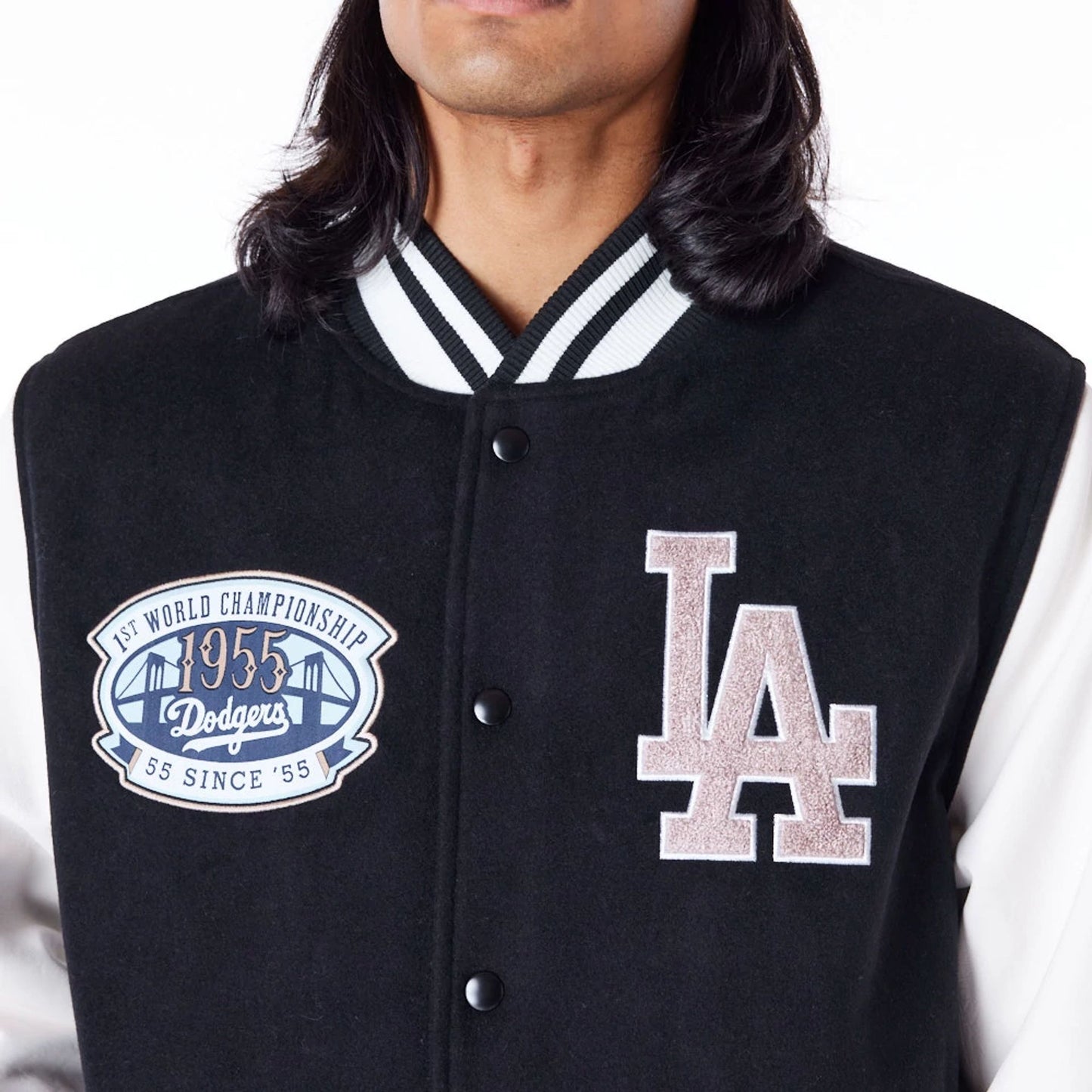 The Male model is wearing LA Dodgers MLB Patch Black Varsity Jacket 2