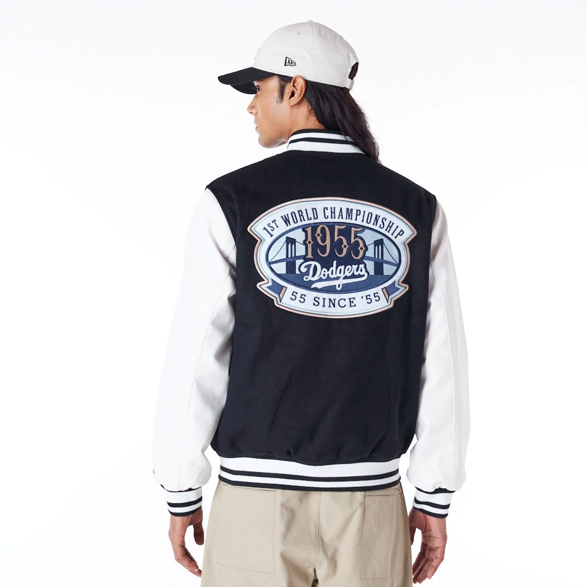 The Male model is wearing LA Dodgers MLB Patch Black Varsity Jacket 3