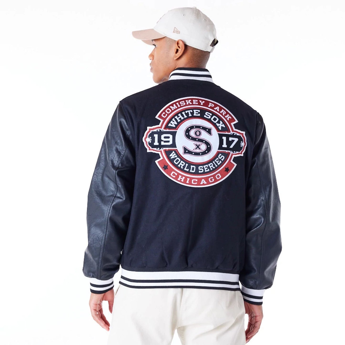 The Male model is wearing Chicago White Sox MLB Patch Black Varsity Jacket 6