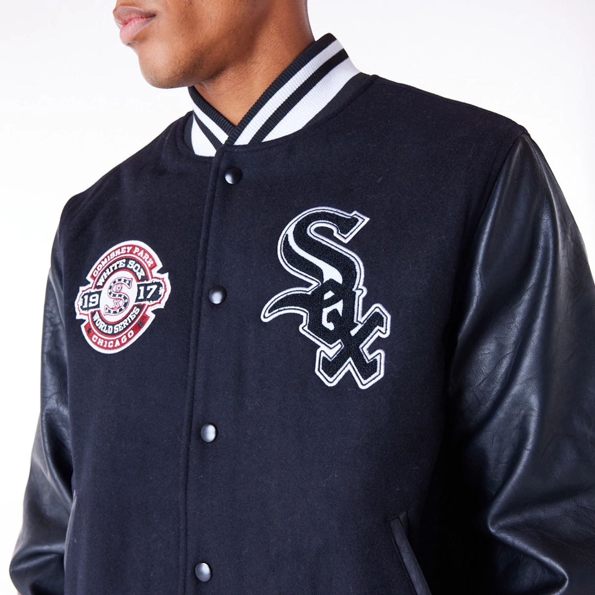 The Male model is wearing Chicago White Sox MLB Patch Black Varsity Jacket 7