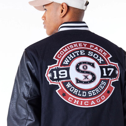 The Male model is wearing Chicago White Sox MLB Patch Black Varsity Jacket 9