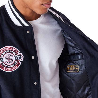 The Male model is wearing Chicago White Sox MLB Patch Black Varsity Jacket 8