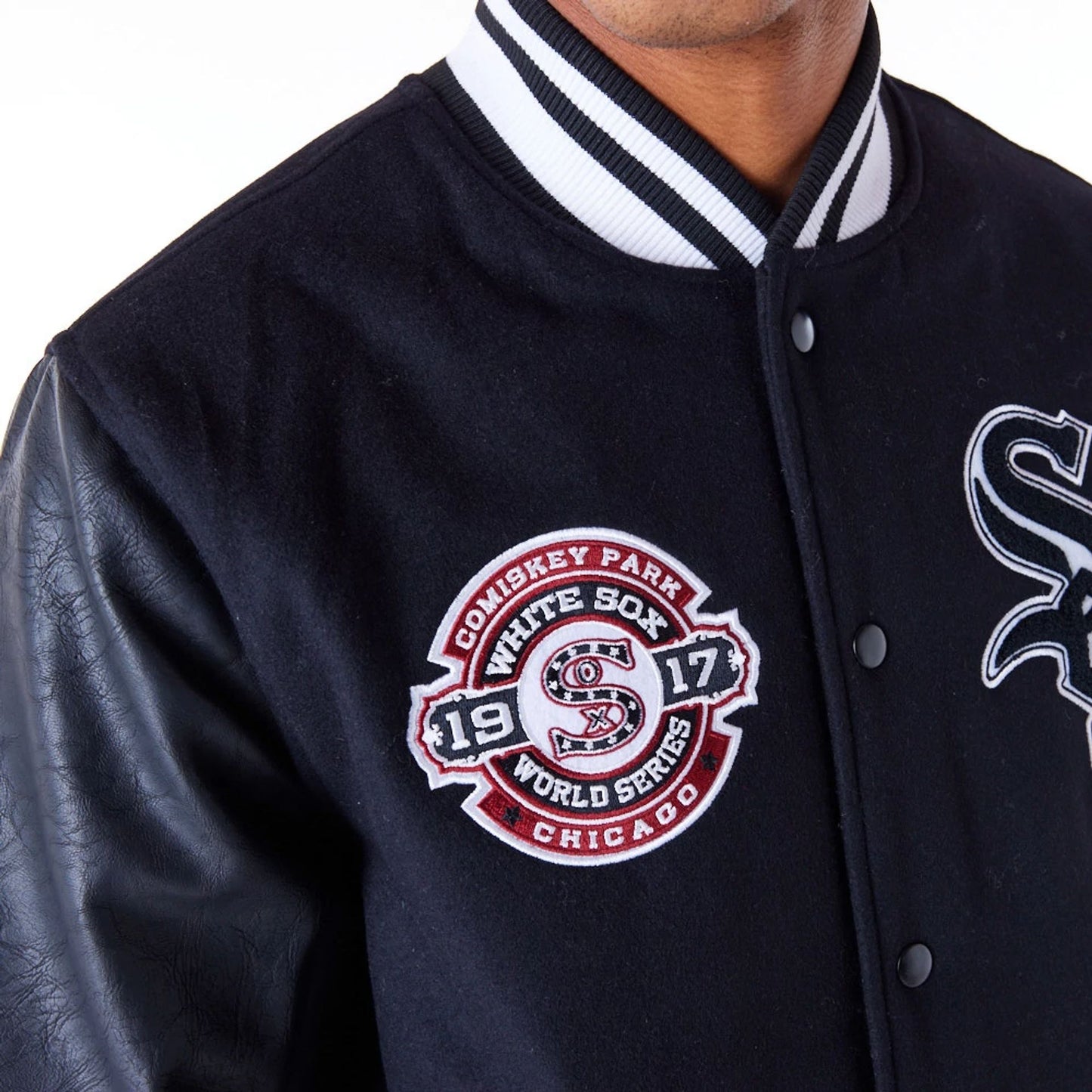 The Male model is wearing Chicago White Sox MLB Patch Black Varsity Jacket 2