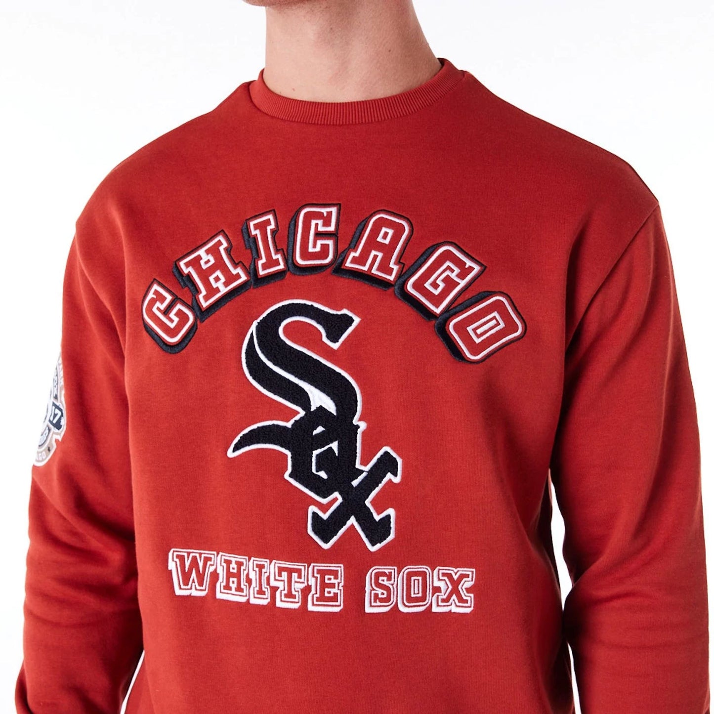 The Male model is wearing Chicago White Sox World Series Red Oversized Crew Neck Sweatshirt 2