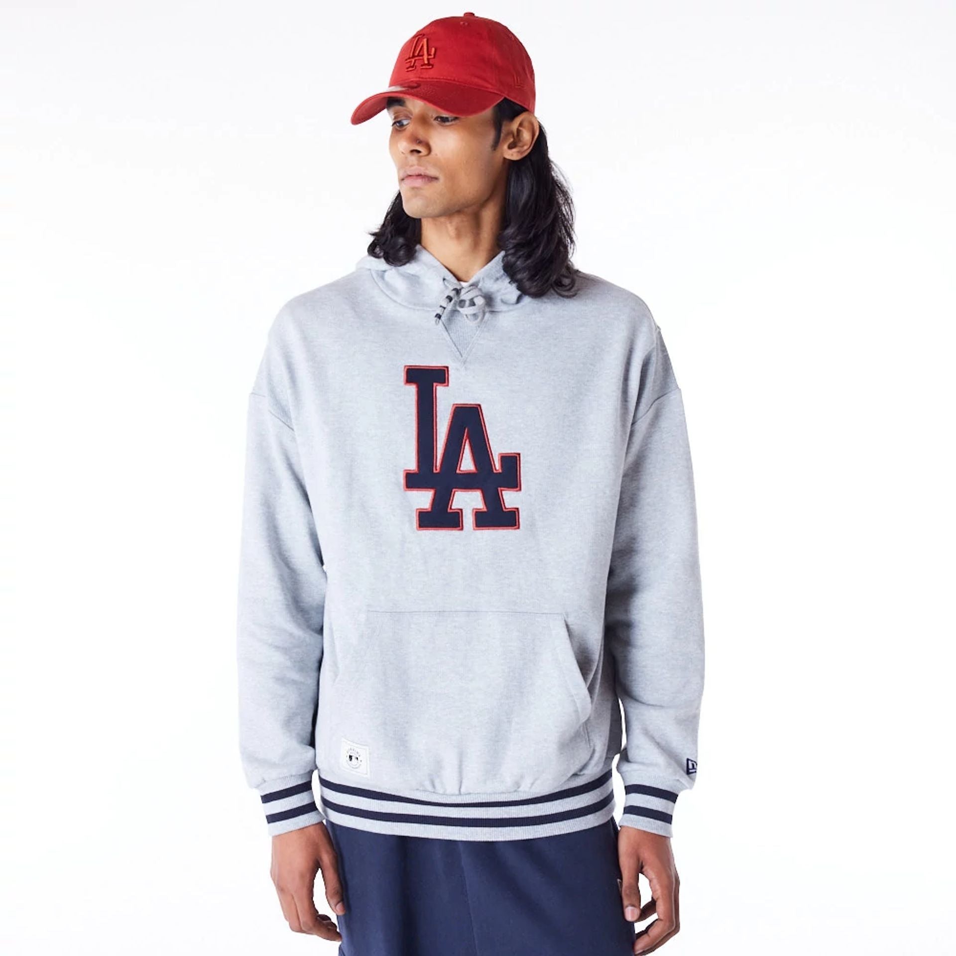 The Male model is wearing LA Dodgers MLB Rib Infill Grey Oversized Pullover Hoodie 1