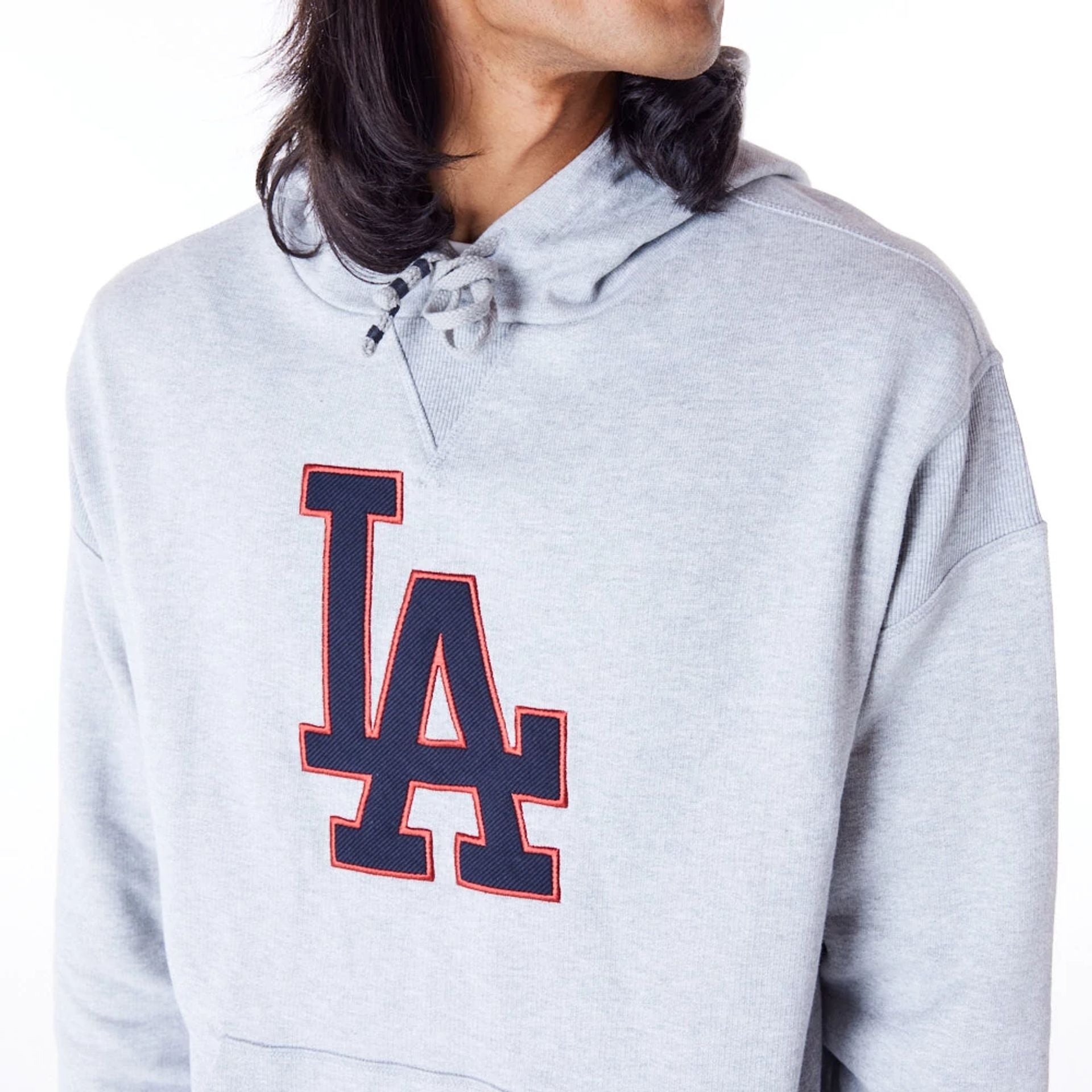 The Male model is wearing LA Dodgers MLB Rib Infill Grey Oversized Pullover Hoodie 2