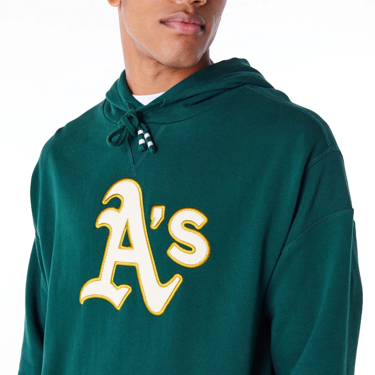 The Male model is wearing Oakland Athletics MLB Rib Infill Dark Green Oversized Pullover Hoodie 4