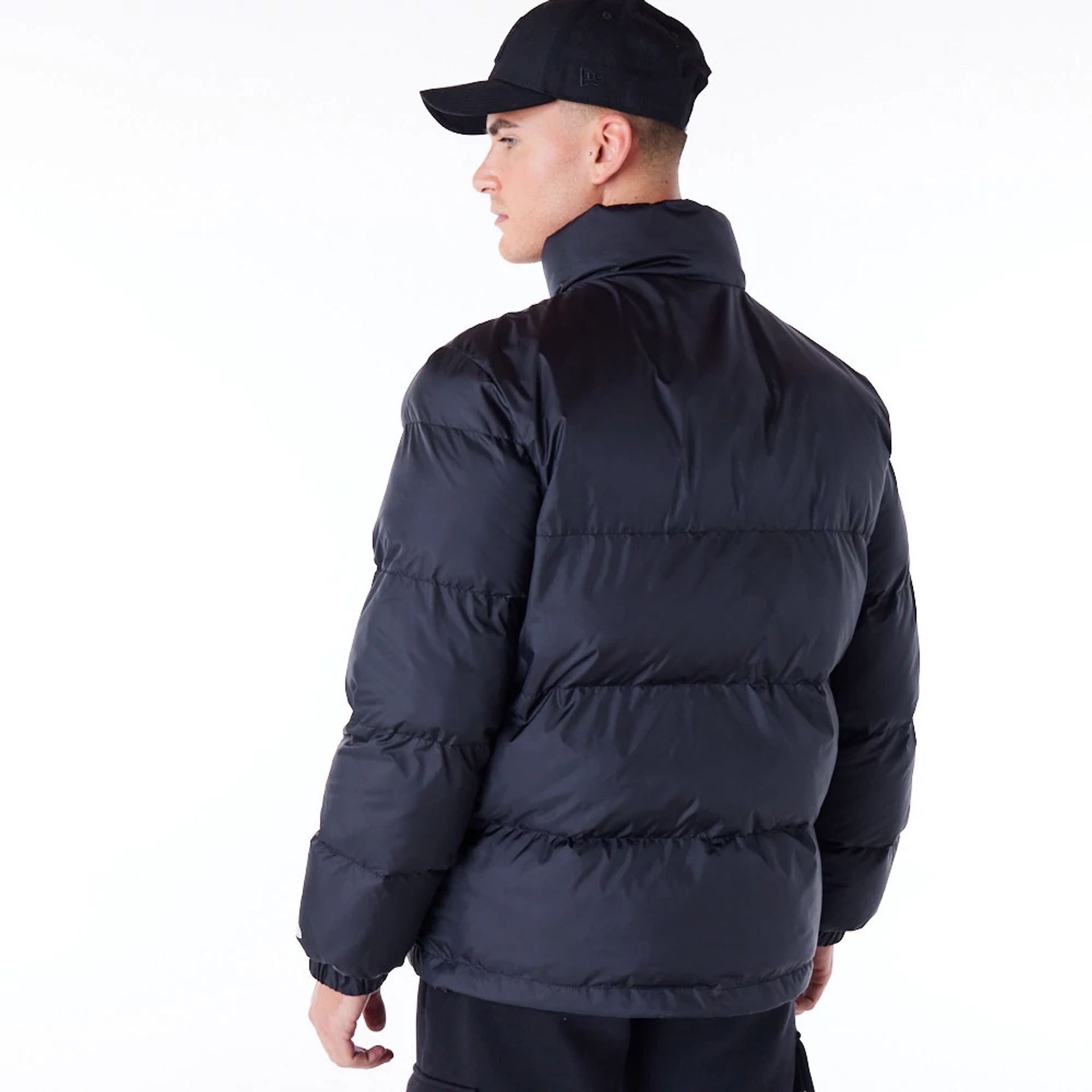 The Male model is wearing New York Yankees MLB Black Nylon Puffer Jacket  4