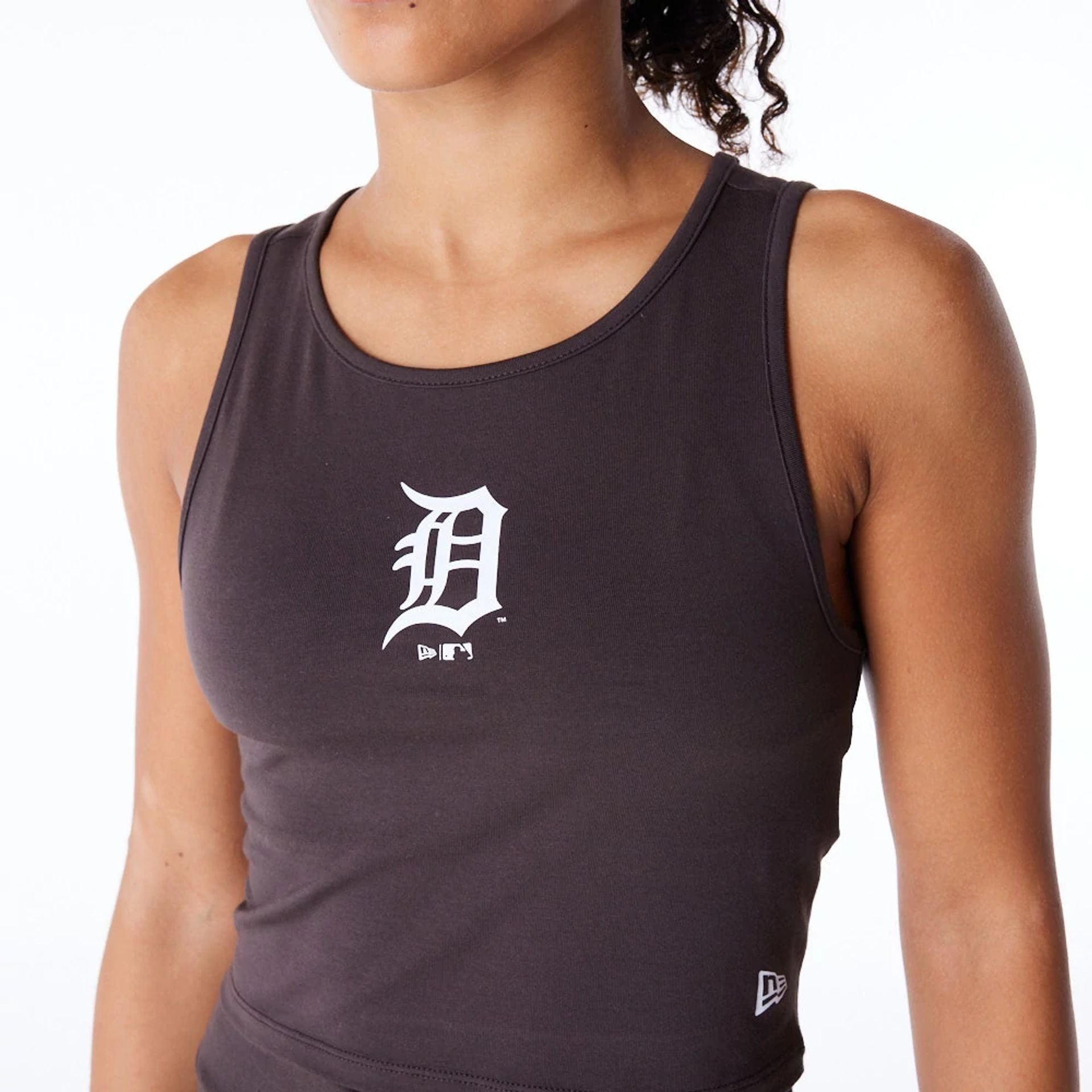 The Female model is wearing Detroit Tigers Womens MLB League Essential Dark Brown Crop Tank Top 4