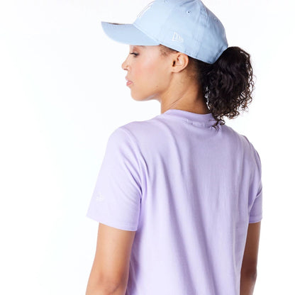 The Female model is wearing New York Yankees Womens MLB League Essential Pastel Purple T-Shirt 6