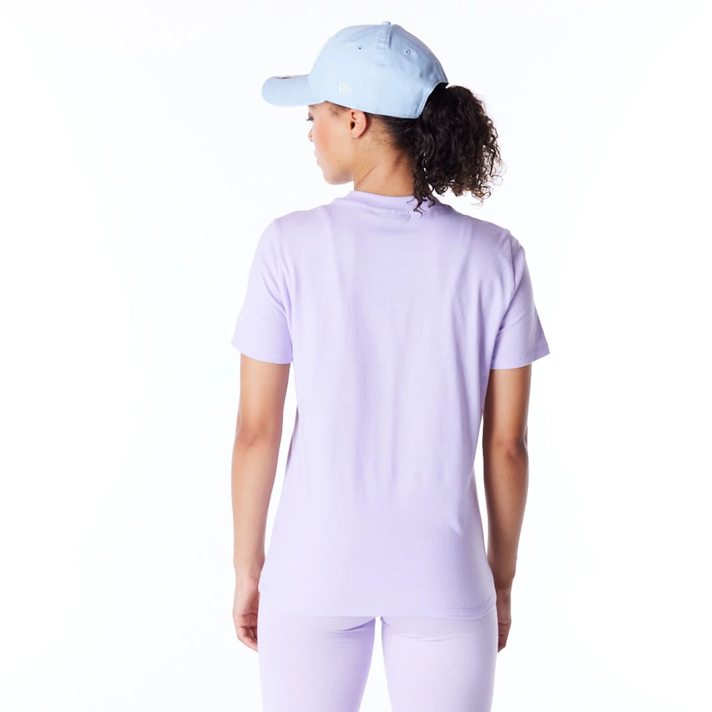 The Female model is wearing New York Yankees Womens MLB League Essential Pastel Purple T-Shirt 2