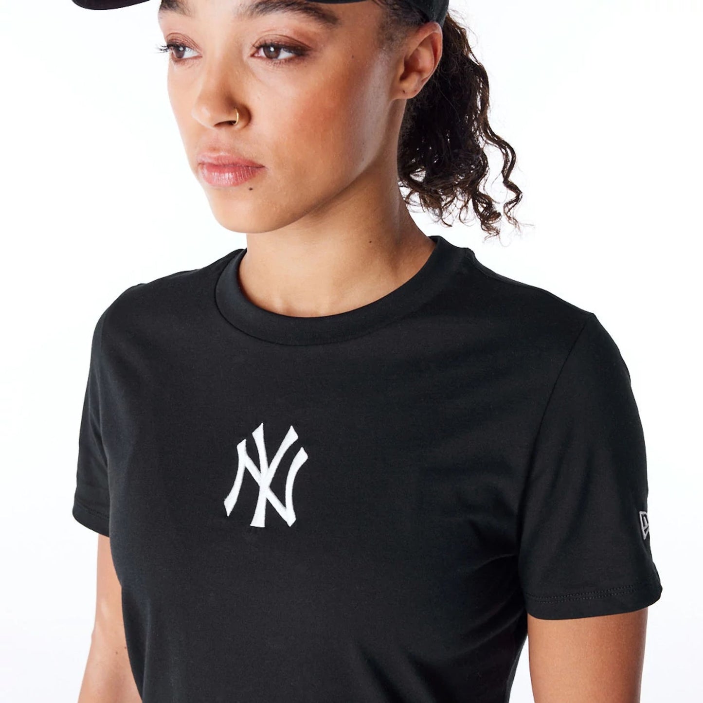 The Female model is wearing New York Yankees Womens MLB League Essential Black T-Shirt 2