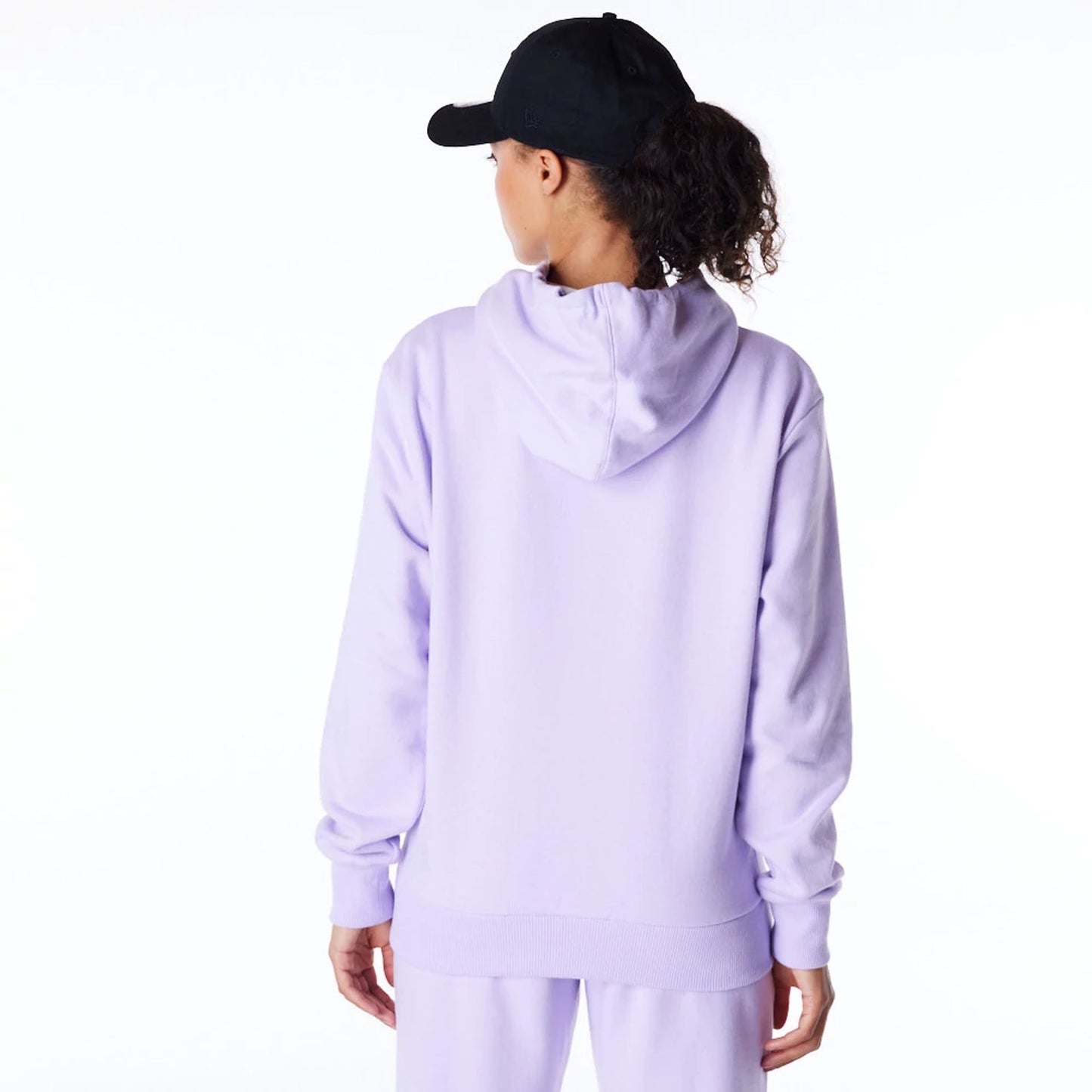 The Female model is wearing New York Yankees Womens MLB League Essential Pastel Purple Pullover Hoodie 5