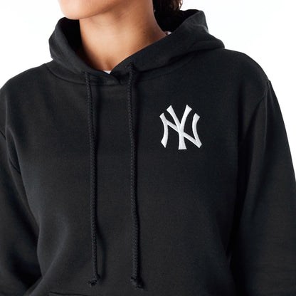 The Female model is wearing New York Yankees Womens MLB League Essential Black Pullover Hoodie 3