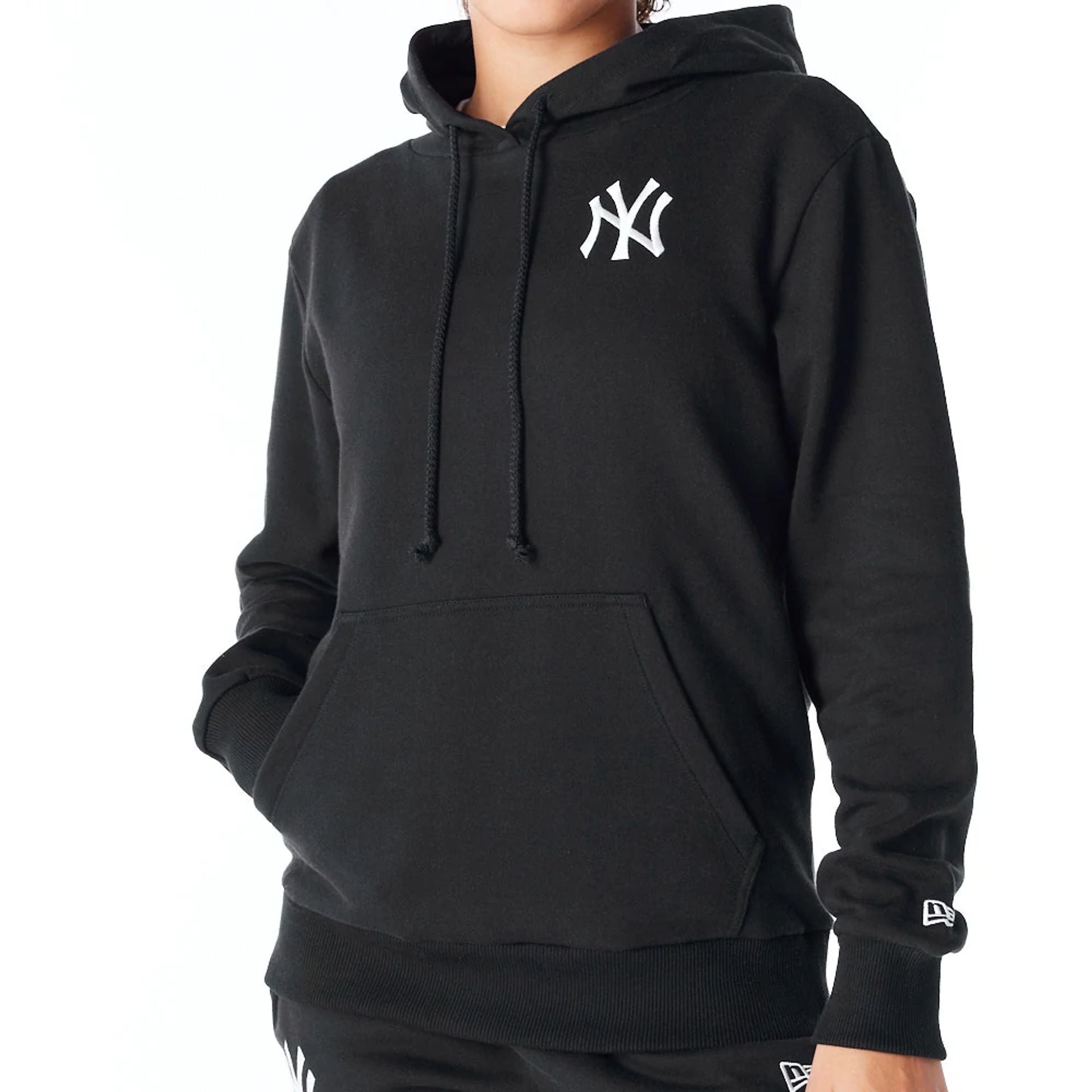 The Female model is wearing New York Yankees Womens MLB League Essential Black Pullover Hoodie 1