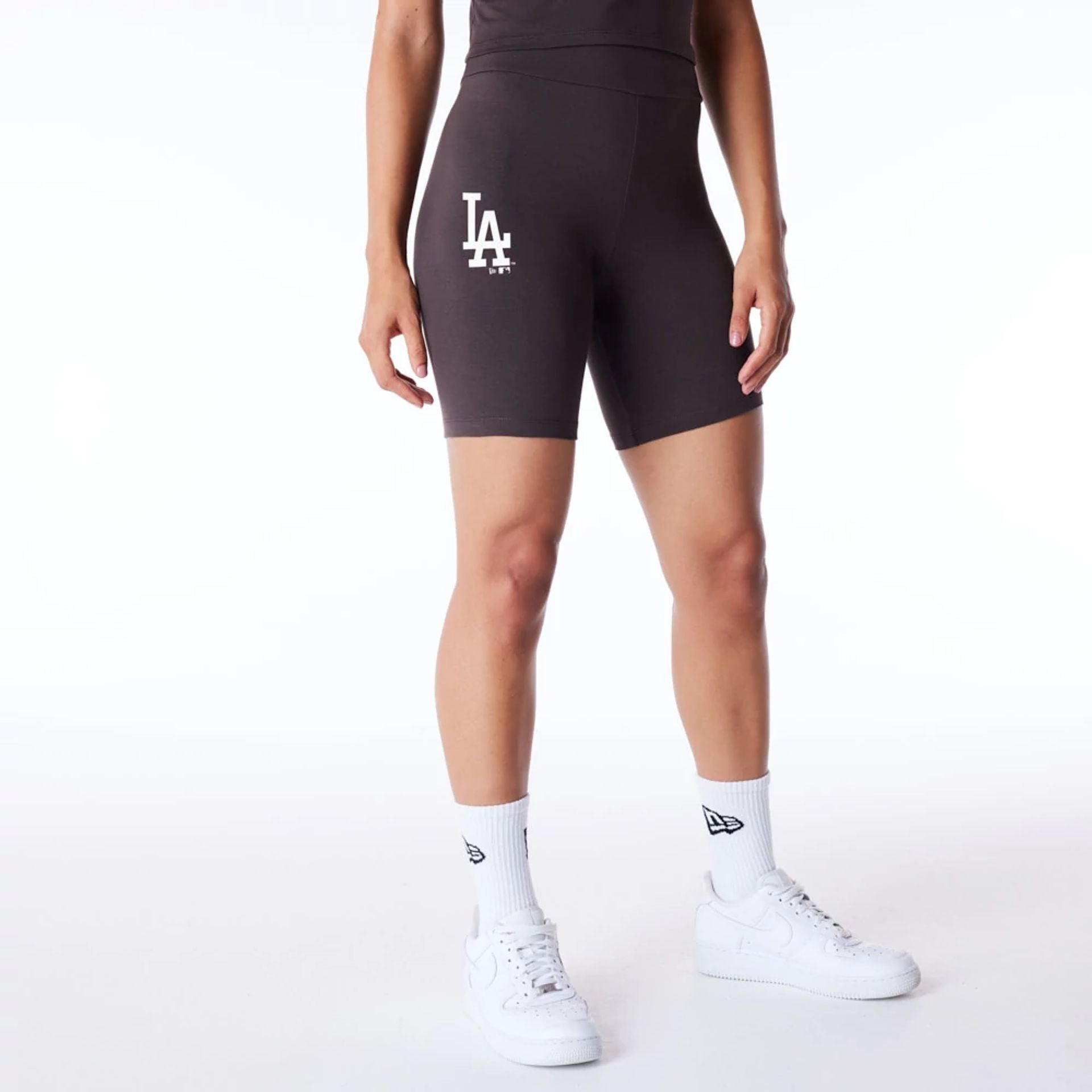 The Female model is wearing LA Dodgers Womens MLB League Essential Dark Brown Cycling Shorts 5